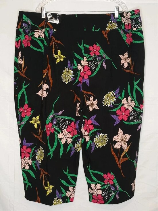 Worthington Pants - Worthington (3X) Black Floral Pull-up Ankle Stretch Pants with 2 Side Pockets